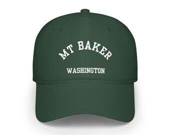 Gorra de béisbol de perfil bajo del Monte Baker, Washington, recuerdo del Noroeste del Pacífico - Letra blanca