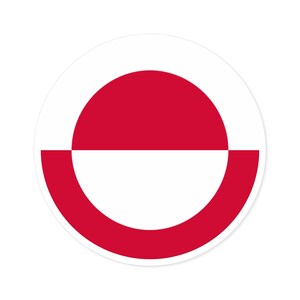 May include: A round sticker featuring the flag of Greenland. The design includes a white circle with a red half-circle at the bottom and a red half-circle at the top, separated by a white horizontal line.