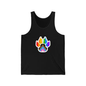 May include: Black vest top with a colourful paw print design. The paw print incorporates rainbow colours and other pride flag colours. The vest top is made of a soft material and is suitable for casual wear.
