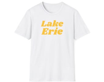 Lake Erie (Unisex Softstyle T-Shirt) Retro Summer Camp Souvenir Tee, the Great Lakes of North America - Simple Yellow font