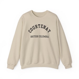 Courtenay, British Columbia (Unisex Heavy Blend Crewneck Sweatshirt) black font, Embrace Island Life in Style