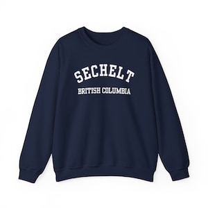 Sechelt, British Columbia (Unisex Heavy Blend Crewneck Sweatshirt) Sunshine Coast BC Souvenir, Cozy Coastal Pullover - white font