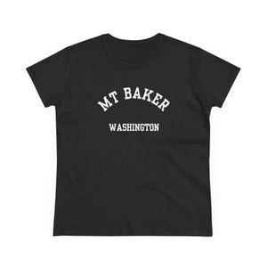 Mt Baker, Washington (Women&#39;s Midweight Cotton Tee) Minimalist White Font, PNW Ladies T-shirt, Pacific Northwest Adventure Gift, Souvenir