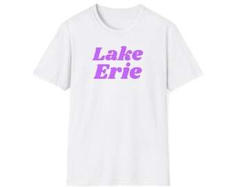 Lake Erie (Unisex Softstyle T-Shirt) Retro Summer Camp Souvenir Tee, the Great Lakes of North America - Simple Purple Font