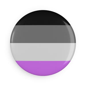 May include: A circular badge with a shiny surface, displaying a striped pattern in black, grey, white, and purple. This badge represents the asexual pride flag, a symbol of the asexual community.