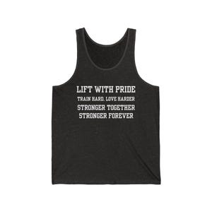 Lift with Pride Tank Top - LGBTQIA+ Gym Shirt, Varsity Font Workout Top, Stronger Together Slogan