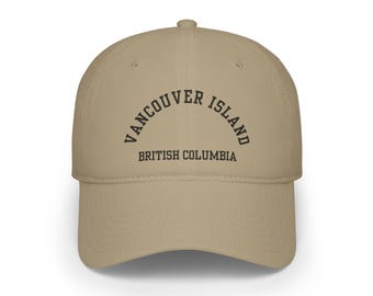Vancouver Island, British Columbia (Unisex Low Profile Baseball Cap/Hat) West Coast Canada Fishing Hat, BC Pacific Island- Black Font
