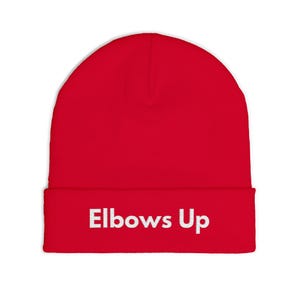 Elbows Up - Embroidered Beanie | Canadian Pride Toque | Hockey Unity, Community Strong, Winter Knit Hat - White Font