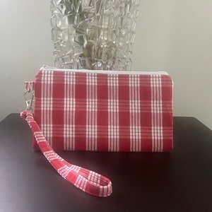 zippered pouch wristlet fabric key fob cell phone bag red and white palaka hawaiian print back to school gift, hawaiian print pencil case