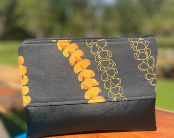 puakenikeni print clutch, orange puakenini on black fabric, gift for friend, hawaiian bridal shower gift, travel pouch, aloha print bag