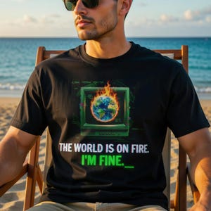 May include: Black t-shirt with a graphic of the Earth on fire inside a retro computer screen. The text reads "THE WORLD IS ON FIRE. I'M FINE." The shirt is worn by a person sitting on a beach chair.