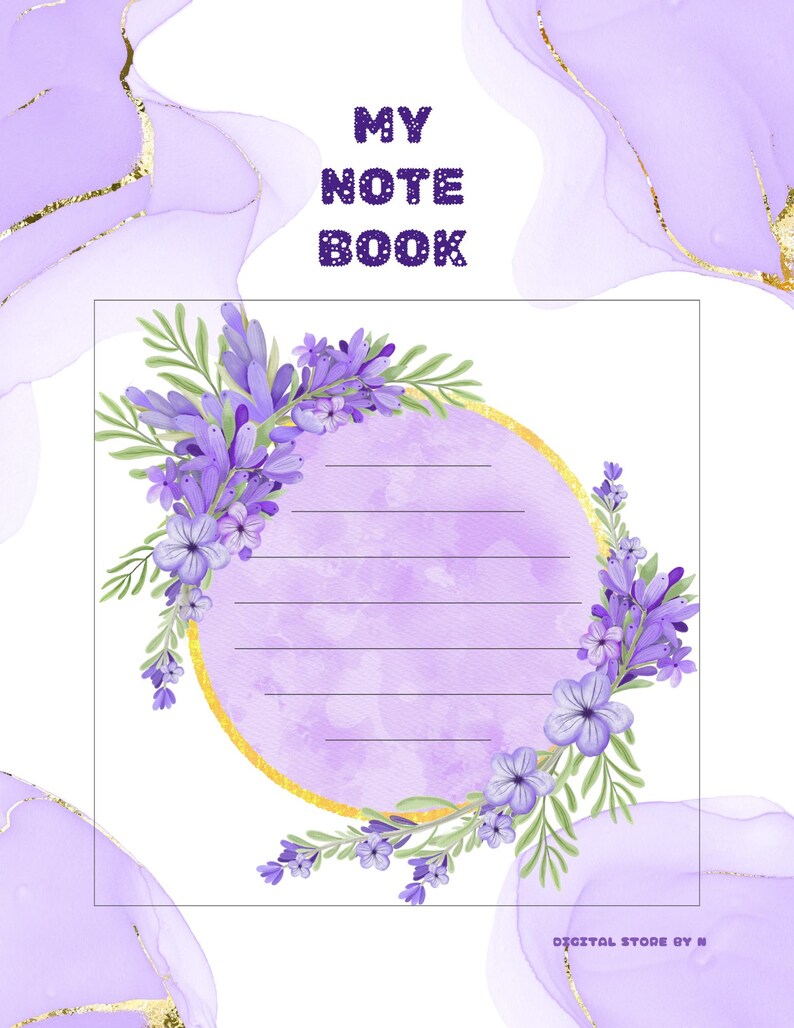 Puede incluir: Un cuaderno con un dise&ntilde;o de acuarela lavanda. La portada presenta el texto "MY NOTE BOOK" en morado oscuro. Un c&iacute;rculo dorado con flores y hojas de lavanda est&aacute; en el centro. El fondo tiene un efecto acuarela con acentos dorados.
