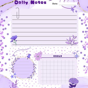 Puede incluir: Una p&aacute;gina de planificador digital con un dise&ntilde;o de acuarela morado y blanco. La p&aacute;gina incluye secciones para notas diarias, una fecha y objetivos. Ilustraciones florales y de estrellas decoran la p&aacute;gina. El texto en la p&aacute;gina dice "Daily Notes", "Date:" y "Goals".