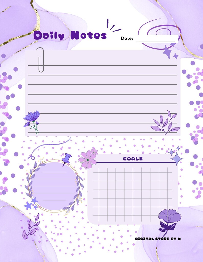 Puede incluir: Una p&aacute;gina de planificador digital con un dise&ntilde;o de acuarela morado y blanco. La p&aacute;gina incluye secciones para notas diarias, una fecha y objetivos. Ilustraciones florales y de estrellas decoran la p&aacute;gina. El texto en la p&aacute;gina dice "Daily Notes", "Date:" y "Goals".