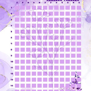 Puede incluir: Un diario de lectura digital y un rastreador de lectura con un fondo de acuarela morado y dorado. El diario presenta una cuadr&iacute;cula de cuadrados para rastrear el progreso de la lectura, con las palabras "Reading Journal" y "Reading Tracker" en la parte superior. El dise&ntilde;o incluye elementos florales y el texto "DIGITAL STORE BY N".