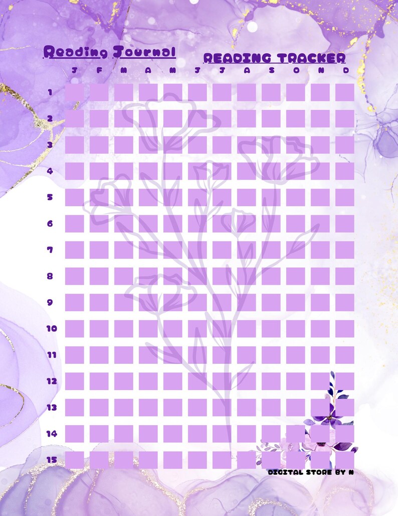 Puede incluir: Un diario de lectura digital y un rastreador de lectura con un fondo de acuarela morado y dorado. El diario presenta una cuadr&iacute;cula de cuadrados para rastrear el progreso de la lectura, con las palabras "Reading Journal" y "Reading Tracker" en la parte superior. El dise&ntilde;o incluye elementos florales y el texto "DIGITAL STORE BY N".