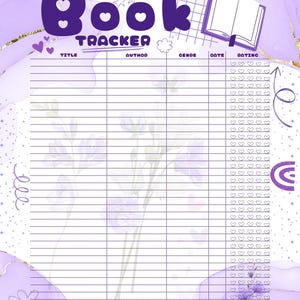 Puede incluir: Seguimiento de libros morado y blanco con la palabra "Book Tracker". Incluye secciones para t&iacute;tulo, autor, g&eacute;nero, fecha y calificaci&oacute;n. El dise&ntilde;o presenta corazones, estrellas y un fondo de acuarela.