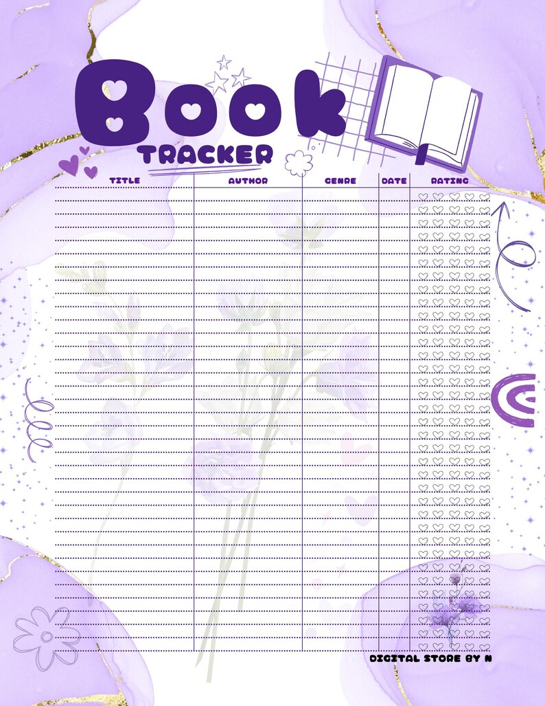 Puede incluir: Seguimiento de libros morado y blanco con la palabra "Book Tracker". Incluye secciones para t&iacute;tulo, autor, g&eacute;nero, fecha y calificaci&oacute;n. El dise&ntilde;o presenta corazones, estrellas y un fondo de acuarela.