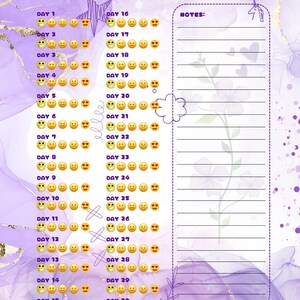 Puede incluir: Un rastreador de estado de &aacute;nimo digital de 30 d&iacute;as con un fondo de acuarela p&uacute;rpura. El rastreador incluye espacios para el mes y el a&ntilde;o, con emoticonos para rastrear los estados de &aacute;nimo diarios. El dise&ntilde;o tambi&eacute;n presenta una secci&oacute;n de notas y una ilustraci&oacute;n floral.