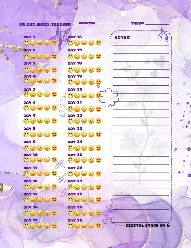 Puede incluir: Un rastreador de estado de &aacute;nimo digital de 30 d&iacute;as con un fondo de acuarela p&uacute;rpura. El rastreador incluye espacios para el mes y el a&ntilde;o, con emoticonos para rastrear los estados de &aacute;nimo diarios. El dise&ntilde;o tambi&eacute;n presenta una secci&oacute;n de notas y una ilustraci&oacute;n floral.