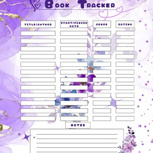 Puede incluir: Un rastreador de libros morado y blanco con las palabras "Book Tracker" en la parte superior. El rastreador incluye secciones para t&iacute;tulo/autor, fecha de inicio/fin, g&eacute;nero, calificaci&oacute;n y notas. Acentos florales y de estrellas decoran la p&aacute;gina.