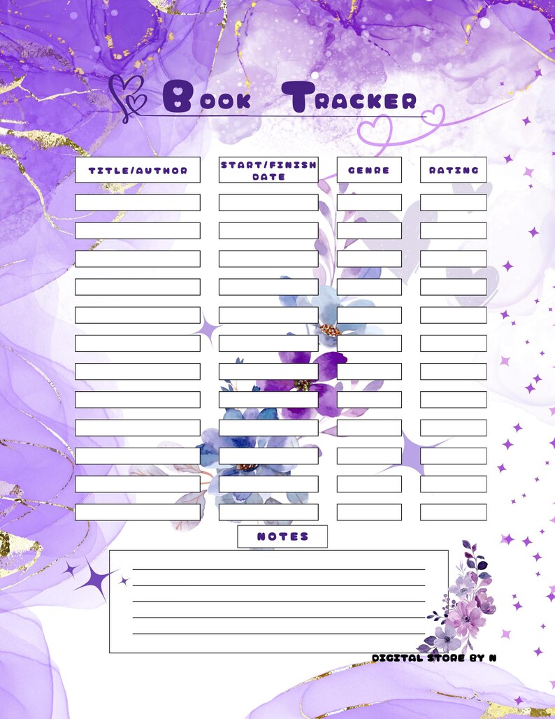 Puede incluir: Un rastreador de libros morado y blanco con las palabras "Book Tracker" en la parte superior. El rastreador incluye secciones para t&iacute;tulo/autor, fecha de inicio/fin, g&eacute;nero, calificaci&oacute;n y notas. Acentos florales y de estrellas decoran la p&aacute;gina.