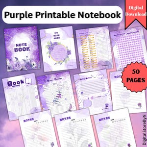 Puede incluir: Una colecci&oacute;n de p&aacute;ginas de cuaderno imprimibles de color p&uacute;rpura. Las p&aacute;ginas incluyen dise&ntilde;os para tomar notas, seguimiento y diario. El cuaderno tiene 50 p&aacute;ginas y est&aacute; disponible como descarga digital. La portada presenta el texto "NOTE BOOK".
