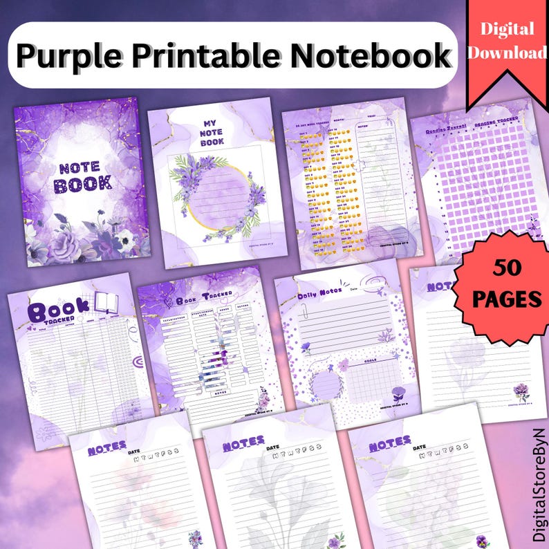 Puede incluir: Una colecci&oacute;n de p&aacute;ginas de cuaderno imprimibles de color p&uacute;rpura. Las p&aacute;ginas incluyen dise&ntilde;os para tomar notas, seguimiento y diario. El cuaderno tiene 50 p&aacute;ginas y est&aacute; disponible como descarga digital. La portada presenta el texto "NOTE BOOK".