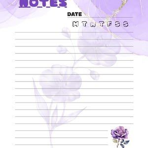 Puede incluir: Un bloc de notas rayado con la palabra "NOTES" en letras moradas en la parte superior. El bloc de notas tiene un dise&ntilde;o floral en el centro y una rosa morada en la parte inferior. El fondo tiene un dise&ntilde;o de m&aacute;rmol morado y dorado.