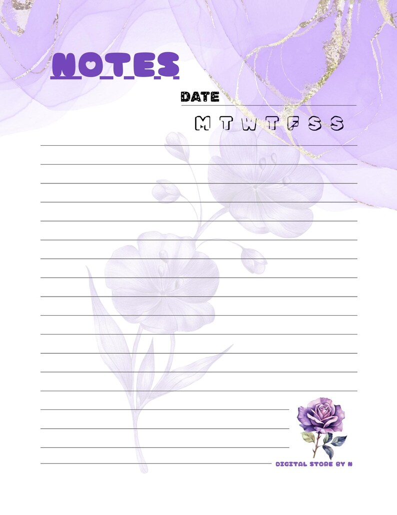 Puede incluir: Un bloc de notas rayado con la palabra "NOTES" en letras moradas en la parte superior. El bloc de notas tiene un dise&ntilde;o floral en el centro y una rosa morada en la parte inferior. El fondo tiene un dise&ntilde;o de m&aacute;rmol morado y dorado.