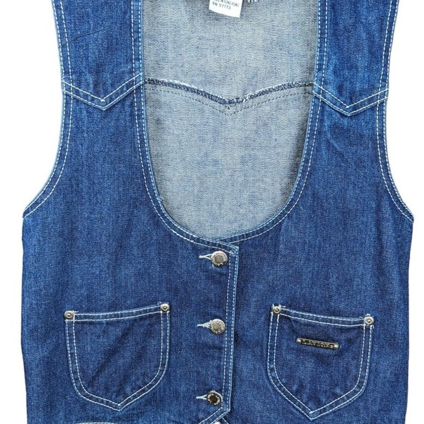 Vintage Women's L'AVION Size Medium 100% Cotton Denim Big U-Neck Vest Standard Fit Lightweight Button Closure Pointed Bottom Double Pocket