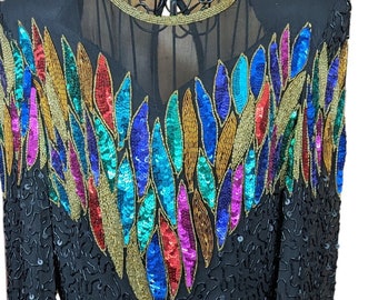 Leslie Faye Evenings Dress Black Long-Sleeved Sequin Beaded Evening 100 Silk Cocktail Party Formal 80's Multi-Colored  Sz 8 Women's Vintage