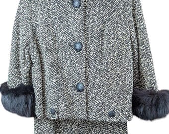 1960's Union Made Tweed Wool Two-Piece Jacket Skirt Suit Long Sleeve Faux Fur Cuffs Made in USA Finely Crafted Vintage Retro Casual Women's