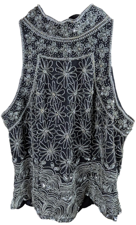 Papell Boutique Sleeveless Blouse Formal Evening Wear Size Small Beaded Ornaments Flower Designs 100 Silk Scallop Hem Zipper Back Vintage