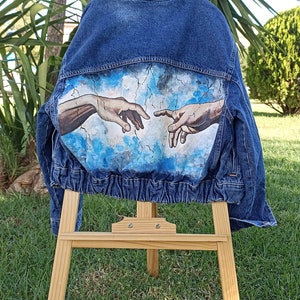 Hand-painted denim jacket, The Creation of Adam, Buonarroti, handpainted jacket, denim, painted denim jacket, jean jacket.
