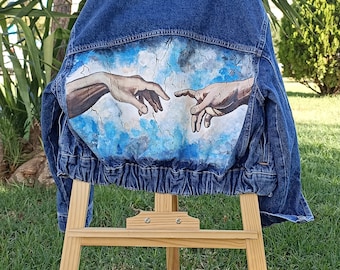 Handbemalte Jeansjacke, Die Erschaffung Adams, Buonarroti, handbemalte Jacke, Denim, bemalte Jeansjacke, Jeansjacke.