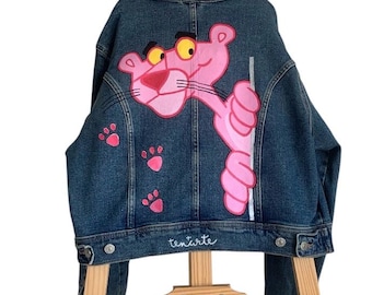 Pink Panther bemalte Jacke, handbemalte Jacke, Denimart, Jeansjacke
