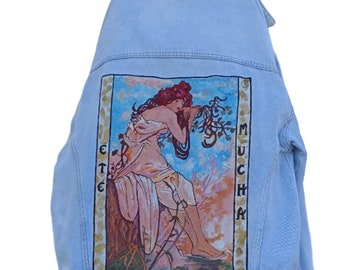 MUCHA Jeansjacke, Sommer(ÉTÉ), bemalte Jeansjacke, bemalte Jeansjacke, handbemalte Jacke, bemalte Jeansjacke, Denimart