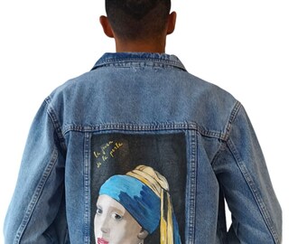 Geschenk, Mädchen mit dem Perlenohrring, VERMEER, handbemalte Jacke, bemalte Jeansjacke, bemalte Jeansjacke, Denim,