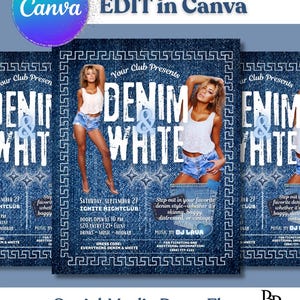 Könnte beinhalten: Social-Media-Party-Flyer mit Denim- und Weiß-Thema. Der Flyer zeigt den Text "DENIM & WHITE" mit einer Frau in Jeansshorts. Der Flyer enthält Eventdetails, Datum, Uhrzeit und Kleiderordnung.