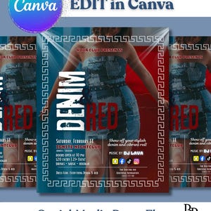 May include: A social media party flyer with a denim and red theme. The flyer features a woman in a denim dress, with the words "DENIM RED" in large letters. The event is at Ignite Nightclub on February 14th.