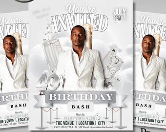 Editable All White 40th Surprise Birthday Invitation | Men&#39;s All White Party | Motion All White Party Flyer Template | Invitation for Men