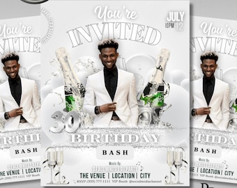 Editable All White 30th Surprise Birthday Invitation | Invitation for Men | Motion All White Party Flyer Template | Men&#39;s All White Party