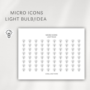May include: White sticker sheet with rows of small black light bulb icons. The text "MICRO ICONS LIGHT BULB/IDEA" is at the top. A single light bulb icon is on the left. The text "CORAL AND PAPER" is at the bottom.