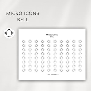 May include: A sheet of white stickers with a bell icon. The text "MICRO ICONS BELL" is at the top, with the brand name "CORAL AND PAPER" at the bottom. A single bell sticker is shown on the left.