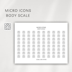 May include: Sheet of stickers with black and white body scale icons. The sheet includes the text "MICRO ICONS BODY SCALE" and the brand name "CORAL AND PAPER". The stickers are small and square with a scale graphic.