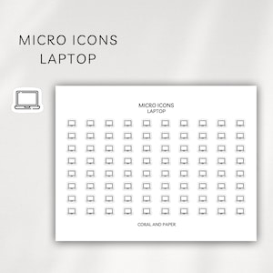 May include: A sheet of white stickers with black laptop icons. The text "MICRO ICONS LAPTOP" is at the top, with the brand name "CORAL AND PAPER" at the bottom. A single laptop icon sticker is in the upper left corner.