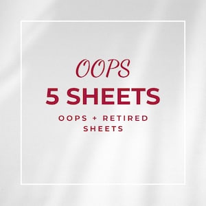 Könnte beinhalten: Ein weißes Quadrat mit rotem Rand enthält den Text "OOPS 5 SHEETS" und "OOPS + RETIRED SHEETS".