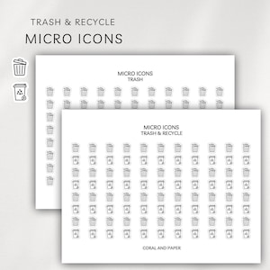 May include: Two white sheets with black micro icons of trash cans and recycling bins. The text "TRASH & RECYCLE MICRO ICONS" is at the top. The text "MICRO ICONS TRASH" and "MICRO ICONS TRASH & RECYCLE" are also visible.