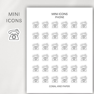 May include: Sheet of stickers featuring mini icon illustrations of vintage telephones. The stickers are black and white, with a simple line drawing style. Text on the sheet reads "Mini Icons Phone" and "Coral and Paper".